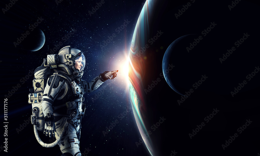 Naklejka premium Exploring outer space. Mixed media
