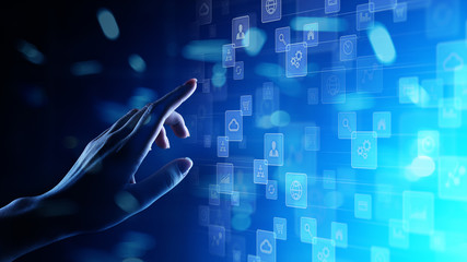 Applications icons on virtual screen, technology, development background concept.