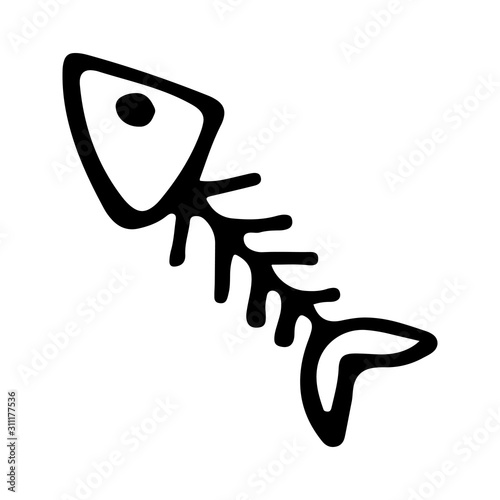 Black and wnite doodle sketch. Fish skeleton with the head.