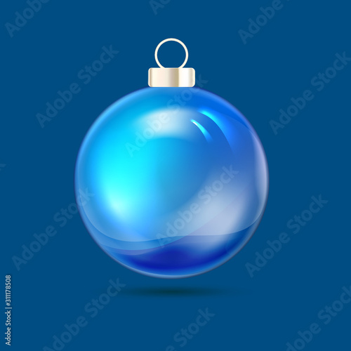 Blue fir tree toy Merry christmas card over blue background. Happy new year template. Vector illustration.