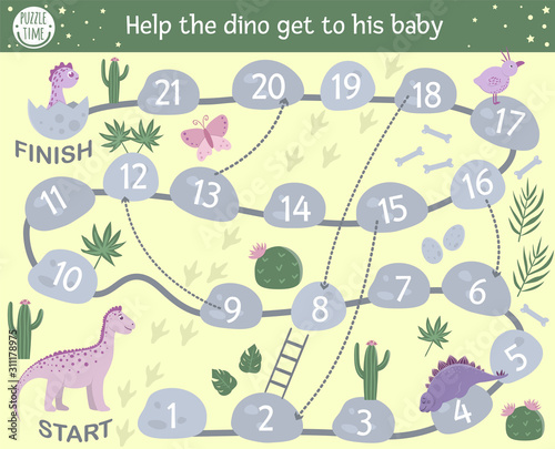 Dinosaur themed board game for children. Educational prehistoric boardgame. Puzzle with reptiles, stones, cactus. Help the dino get to his baby..
