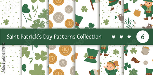 Vector set of seamless patterns with Saint Patrick’s Day symbols. National Irish holiday repeating background. Cute funny flat leprechaun texture..