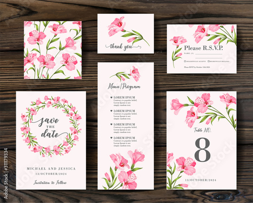 Wedding ornament concept. Vector decorative greeting card, invitation design background. RSVP card with alstromeria elements. Set of Floral templates with garden blooming flowers.