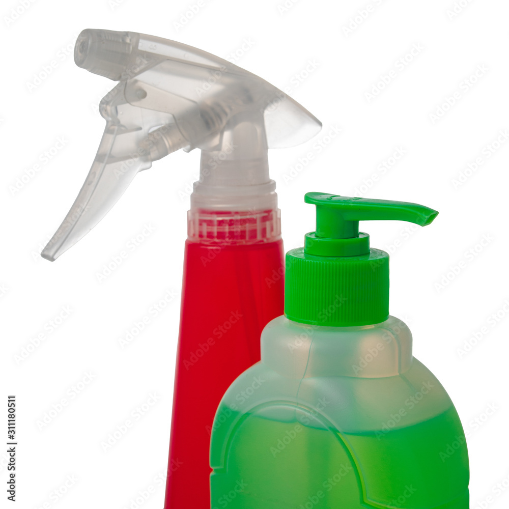 red spray bottle and green soap. studio photography of spray multipurpose cleaner - isolated on white background red spray bottle and green soap. studio photography of spray multipurpose cleaner - isolated on white background