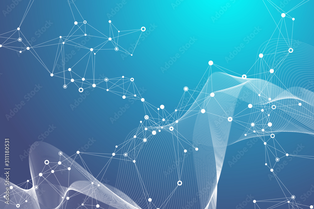 Fototapeta premium Digits abstract background with connected line and dots, wave flow. Digital neural networks. Network and connection background for your presentation. Graphic polygonal background. Vector illustration.