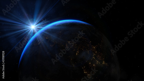 Planet earth from the space at night. Sunrise illuminate the earth in outer space. Elements of this image furnished by NASA - 3d illustration.