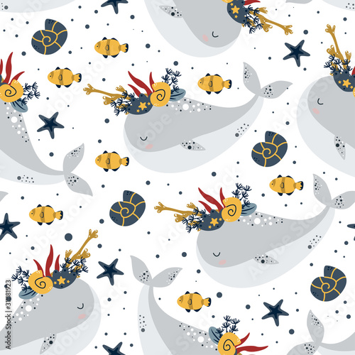 seamless pattern with whale and flowers on a white background - vector illustration, eps
