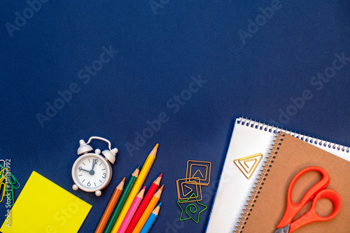 Back to school. Stationery and office supplies for training and work. For schoolchildren, students and office workers. Copy space.