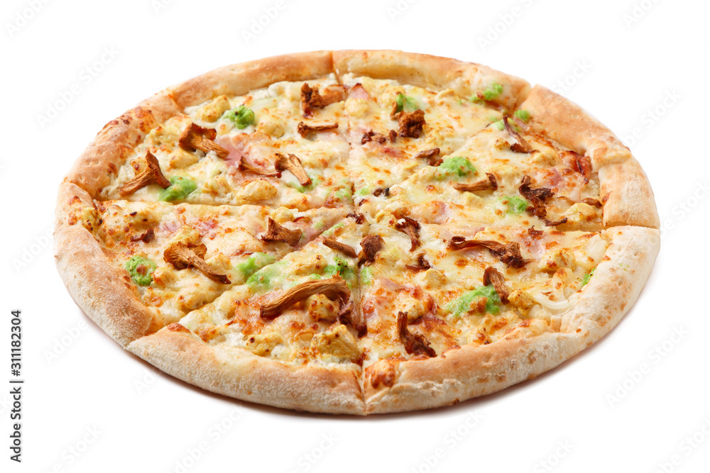 Delicious classic italian Pizza with bacon, chanterelles, wasabi and cheese.