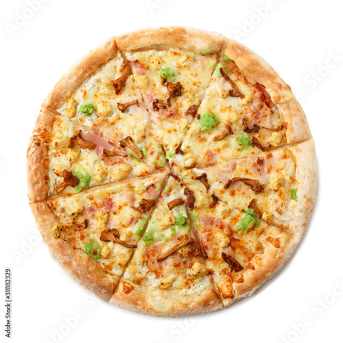 Delicious classic italian Pizza with bacon, chanterelles, wasabi and cheese.