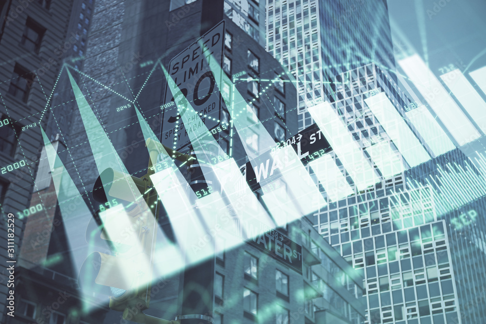 Obraz premium Forex chart on cityscape with tall buildings background multi exposure. Financial research concept.