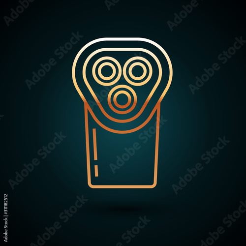 Gold line Electrical hair clipper or shaver icon isolated on dark blue background. Barbershop symbol.  Vector Illustration