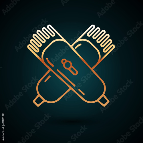 Gold line Crossed electrical hair clipper or shaver icon isolated on dark blue background. Barbershop symbol.  Vector Illustration