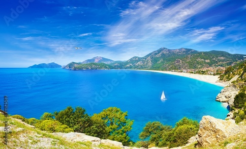 Beautiful lagoon and Blue Flag beach in Oludeniz, Fethiye district, Turquoise Coast of southwestern Turkey.
