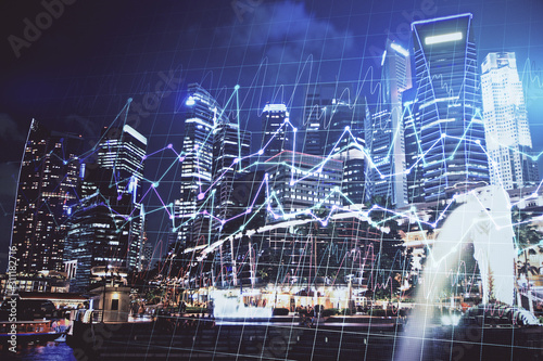 Financial chart on city scape with tall buildings background multi exposure. Analysis concept.