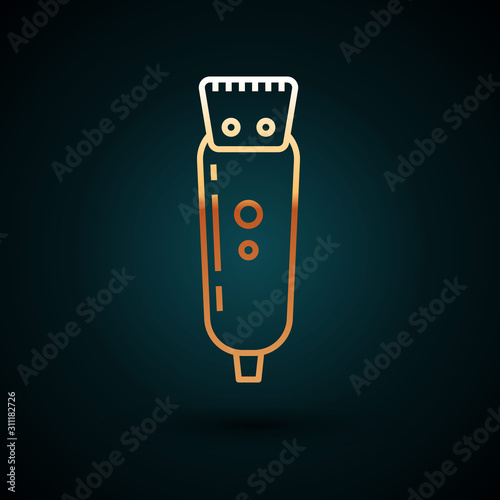 Gold line Electrical hair clipper or shaver icon isolated on dark blue background. Barbershop symbol.  Vector Illustration