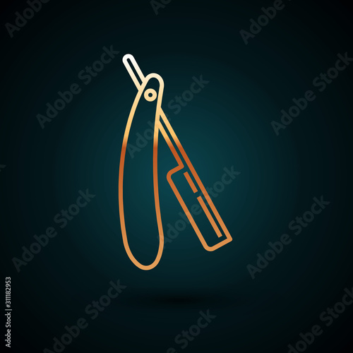 Gold line Straight razor icon isolated on dark blue background. Barbershop symbol.  Vector Illustration
