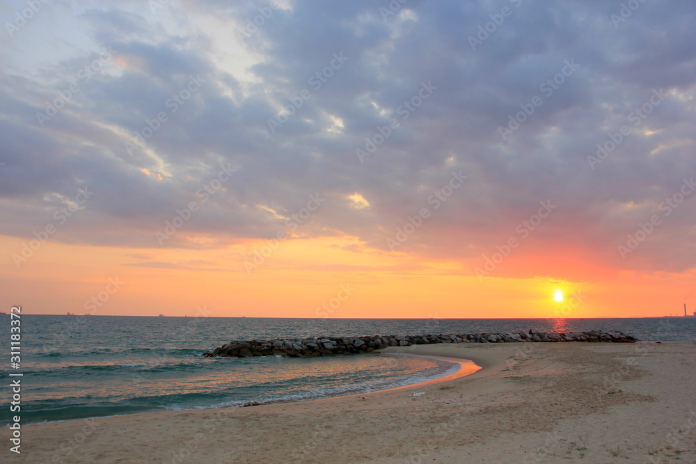 Sunrise over the sea and beautiful cloudscape , Sea on the sunset PMY Beach Rayong Landmark Thailand. Sunrise over the sea and beautiful cloudscape , Sea on the sunset PMY Beach Rayong Landmark Thailand.