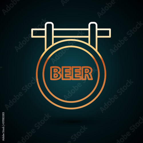 Gold line Street signboard with inscription Beer icon isolated on dark blue background. Suitable for advertisements bar, cafe, pub, restaurant.  Vector Illustration