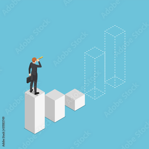 Isometric businessman looking through telescope and prediction future of bar graph