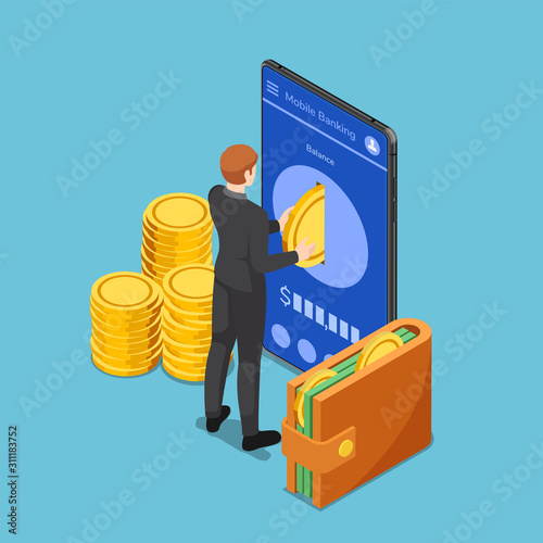 Isometric businessman put gold coin into smartphone