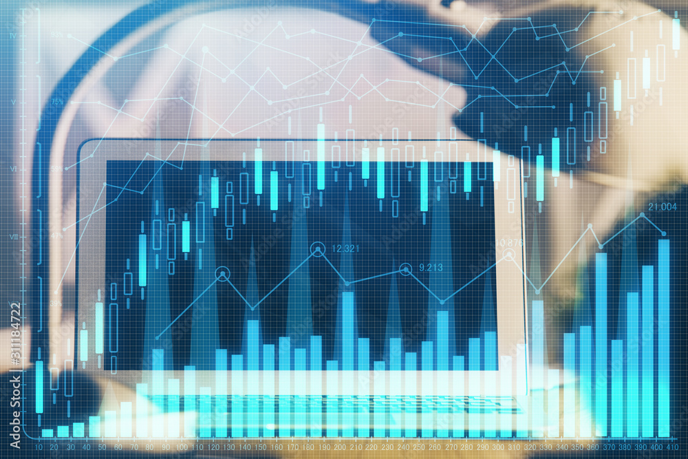 Multi exposure of graph and financial info and work space with computer background. Concept of international online trading. Multi exposure of graph and financial info and work space with computer background. Concept of international online trading.