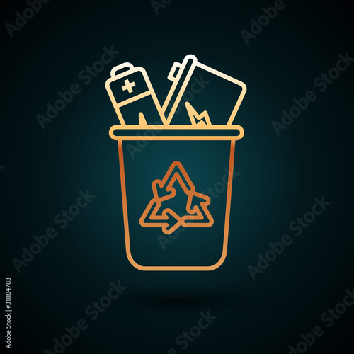 Gold line Recycle bin with recycle symbol icon isolated on dark blue background. Trash can icon. Garbage bin sign. Recycle basket sign.  Vector Illustration