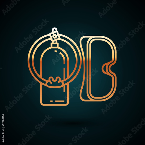 Gold line Diving mask and aqualung icon isolated on dark blue background. Oxygen tank for diver. Extreme sport. Sport equipment. Vector Illustration