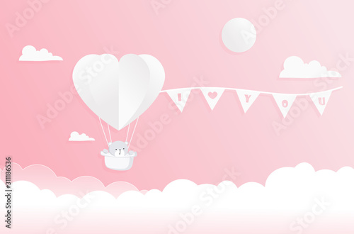 Valentines card with cute teddy bear in paper cut style. Space for your text.