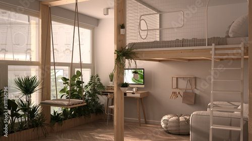 Minimalist studio apartment with loft bunk double bed, mezzanine, swing. Living room with sofa, home workplace, desk, computer. Windows with potted plants, white interior design photo