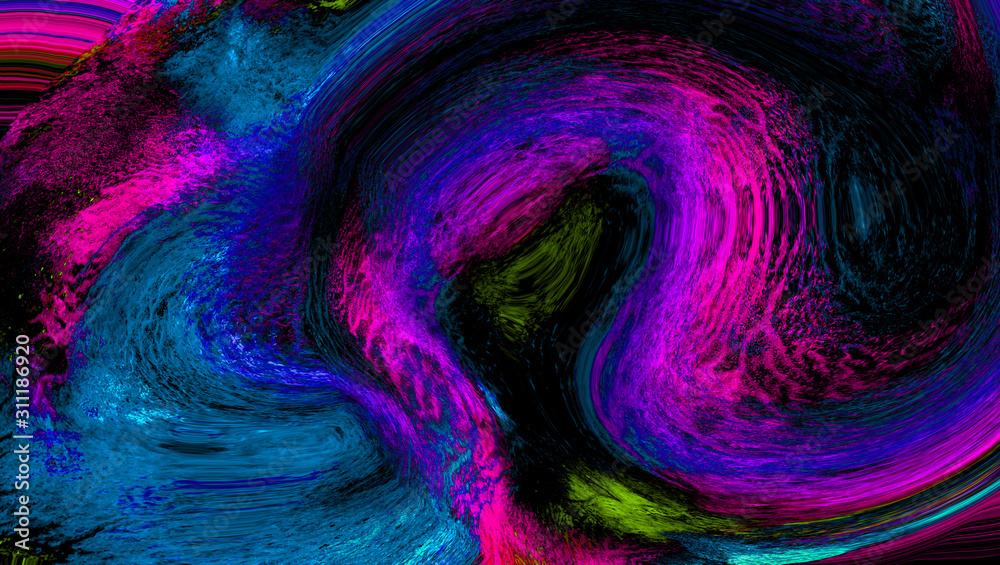 Neon dark blue, red and pink abstract liquid paint textured background. Holographic pattern with decorative spirals and swirls for modern creative trendy design