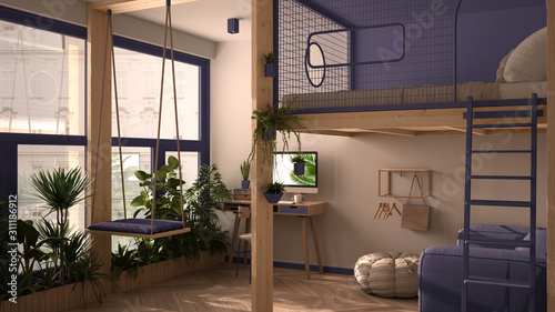 Minimalist studio apartment with loft bunk double bed  mezzanine  swing. Living room with sofa  home workplace  desk  computer. Windows with plants  white and purple interior design