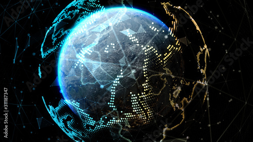Fototapeta Naklejka Na Ścianę i Meble -  Connection lines Around Earth Globe. Some elements of the image provided by NASA. 3D illustration Global International telecommunication. 3D illustration.