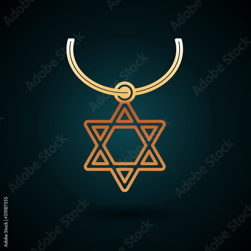 Gold line Star of David necklace on chain icon isolated on dark blue background. Jewish religion symbol. Symbol of Israel. Jewellery and accessory. Vector Illustration