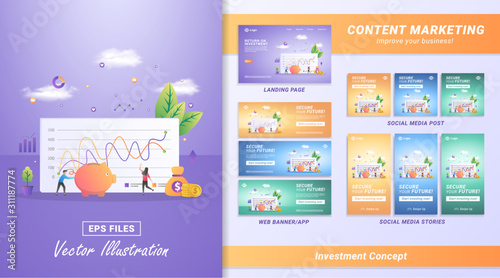 Content marketing material set. Investment and save concept. Save your future, create a brilliant future. Including Landing page, Social media post and story, Web banner. Vector illustration