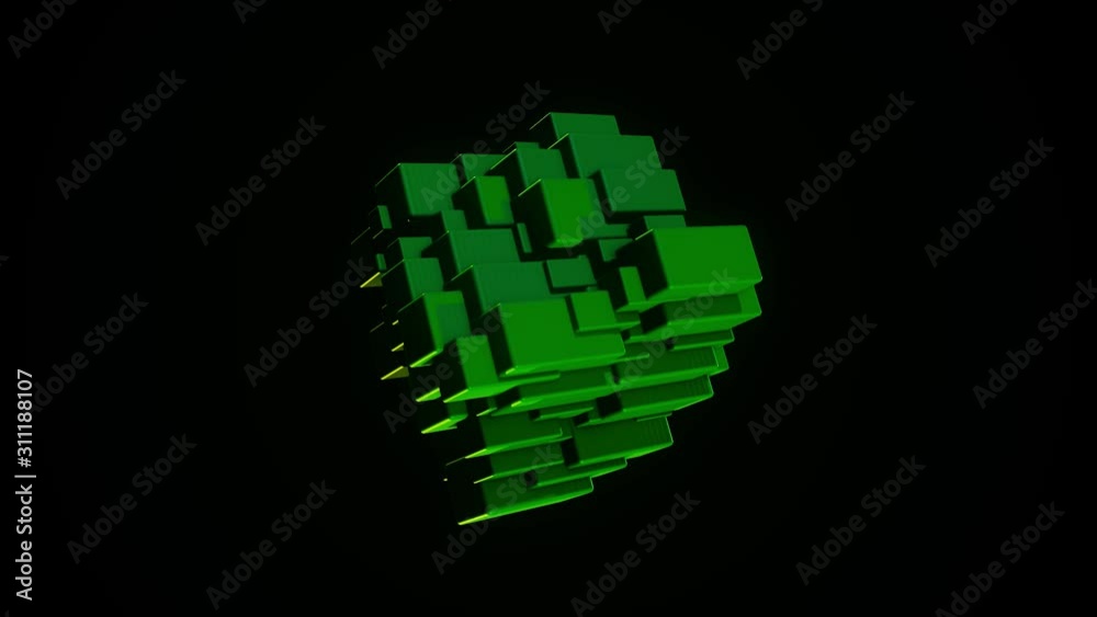 Abstract rotating cubic figure. Animation. Abstract multicolored figure of rectangular blocks rotates on black background. Bright cubic figure of blocks rotates and reflects neon colors