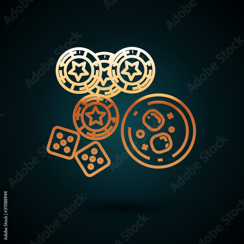 Gold line Casino chips, game dice and glass of whiskey with ice cubes icon isolated on dark blue background. Casino poker. Vector Illustration