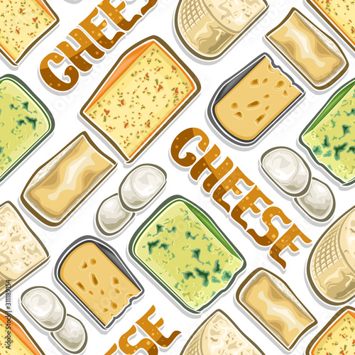 Vector Cheese Seamless Pattern, square repeat seamless ornament with cut out illustrations of fresh assorted cheese, food pattern for wrapping paper of farm grocery store on white background.