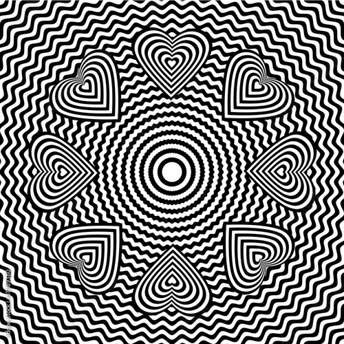 Abstract black and white striped background. Geometric pattern with visual distortion effect. Optical illusion. Op art.