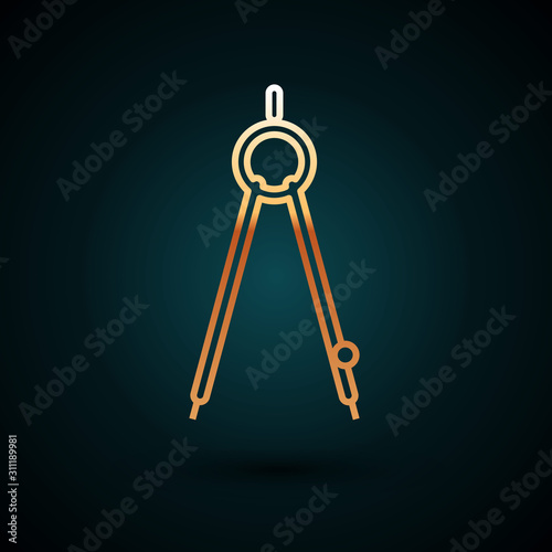 Gold line Drawing compass icon isolated on dark blue background. Compasses sign. Drawing and educational tools. Geometric instrument. Vector Illustration