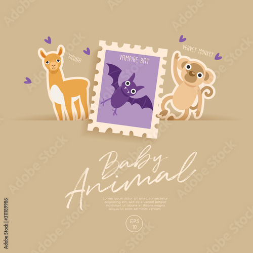 Postage stamp isolated on brown paper background with cute baby animals : Vector Illustration