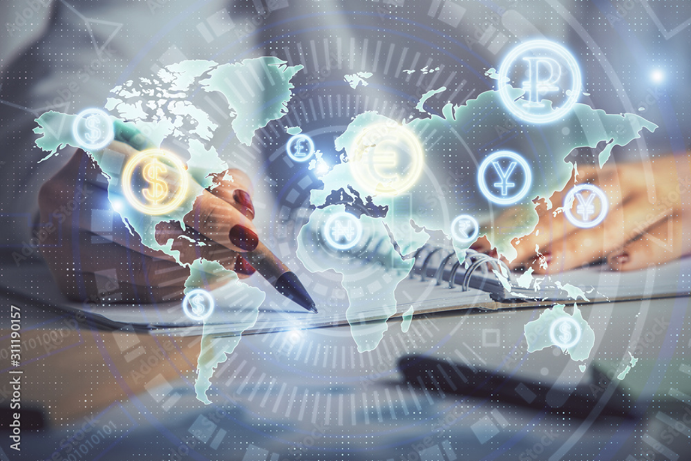Double exposure of woman's hands making notes with forex graph hologram. Concept stock market analysis. Double exposure of woman's hands making notes with forex graph hologram. Concept stock market analysis.