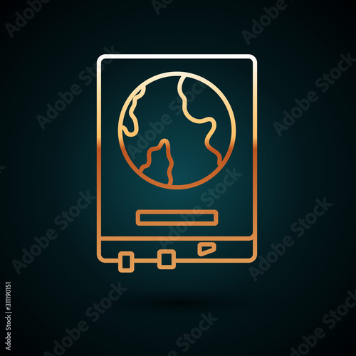 Gold line World map on a school blackboard icon isolated on dark blue background. Drawing of map on chalkboard. Vector Illustration