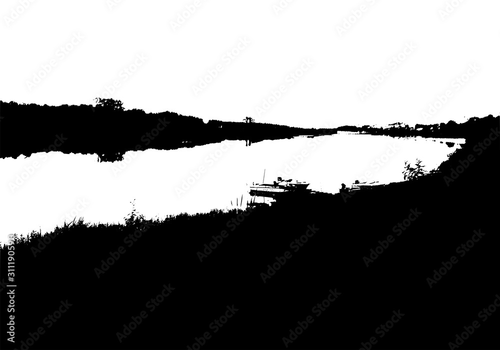 Black river panorama silhouette. Card with copy space. Isolated on white background. Vector nature illustration