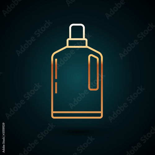 Gold line Plastic bottle for liquid laundry detergent, bleach, dishwashing liquid or another cleaning agent icon isolated on dark blue background. Vector Illustration