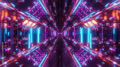 high reflective glowing scifi tunnel corridor with futuristic lights and reflections 3d illustration background wallpaper