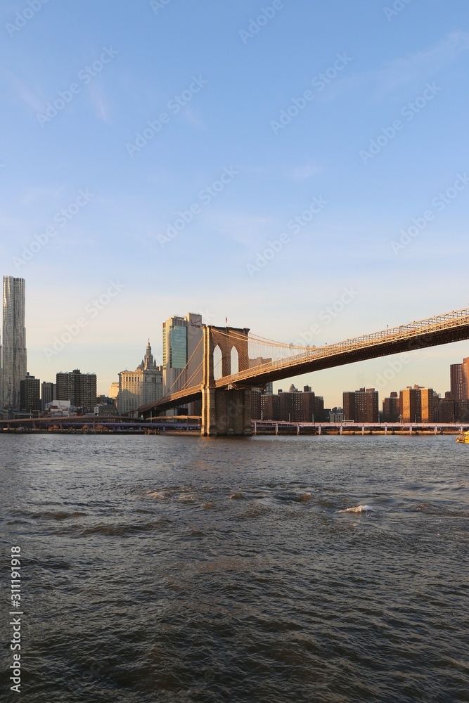 brooklyn bridge and lower manhattan, brooklyn bridge in new york, manhattan, architecture, new york, city, brooklyn bridge, usa, nyc, landmark, new york city, transportation, river,
