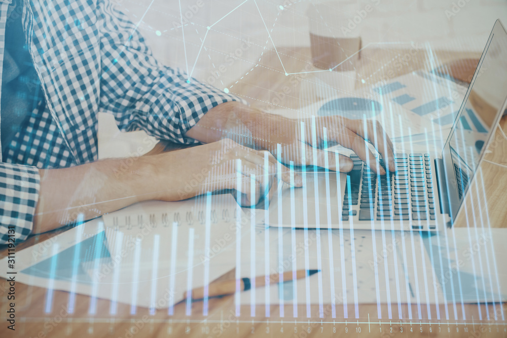 Multi exposure of stock market chart with man working on computer on background. Concept of financial analysis. Multi exposure of stock market chart with man working on computer on background. Concept of financial analysis.