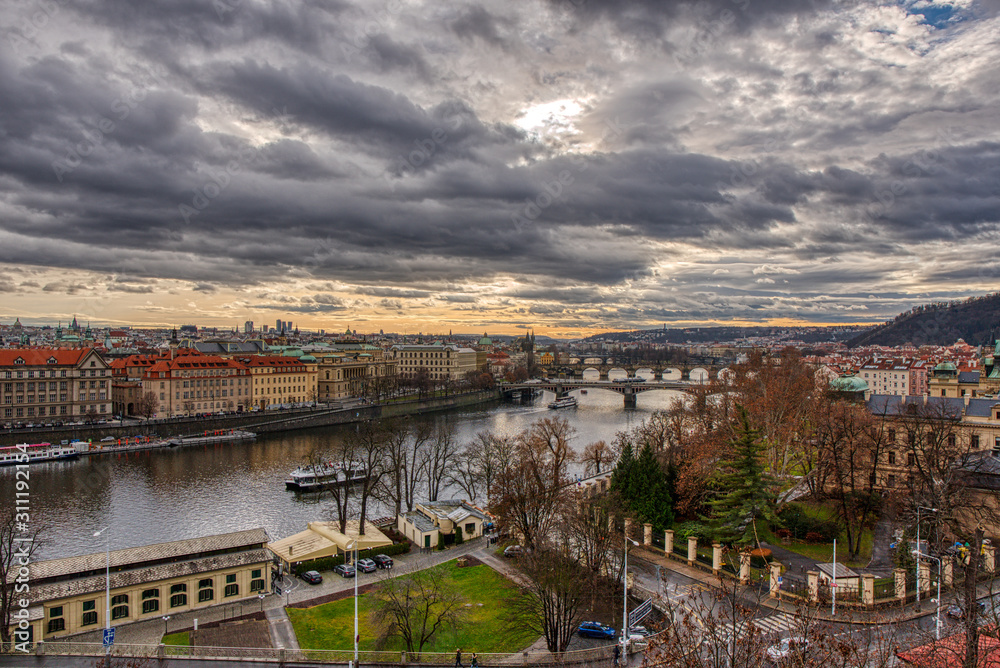 Prague bridges with part of downtown in Prague with beautiful sky, Czech