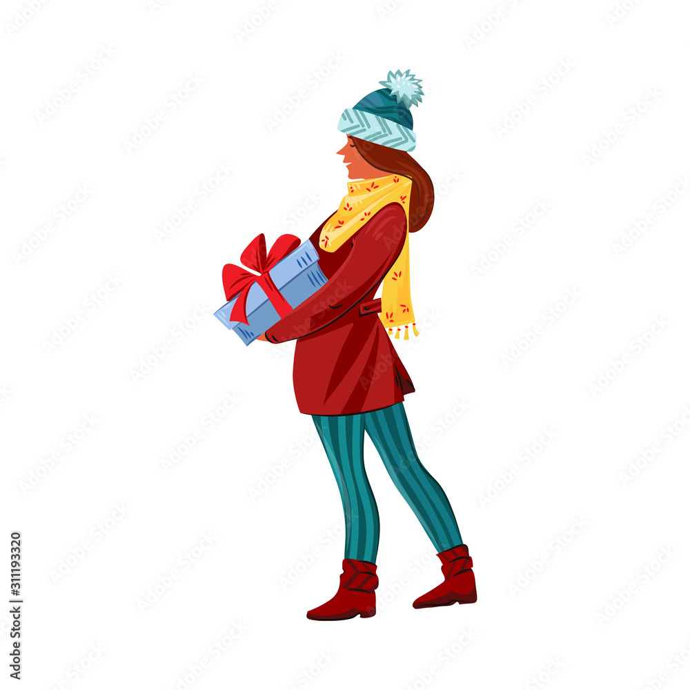 Woman carrying holiday gift box with red ribbon vector illustration